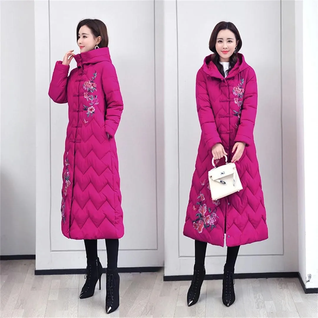 Women Top Down Cotton Jacket Korean Hooded Long Warm Padded Coat Embroidery Overcoat