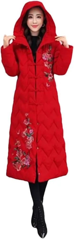 Women Top Down Cotton Jacket Korean Hooded Long Warm Padded Coat Embroidery Overcoat