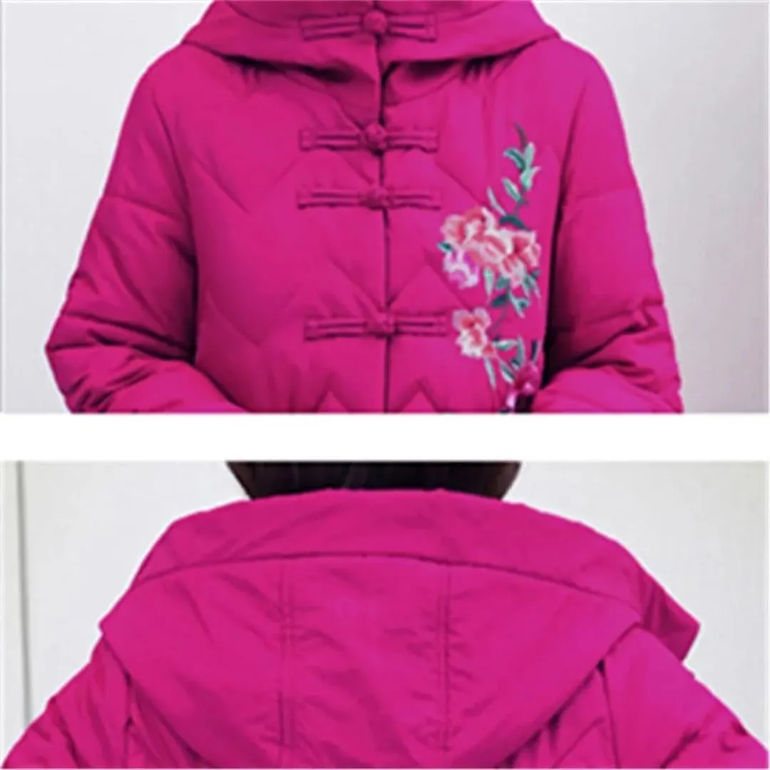 Women Top Down Cotton Jacket Korean Hooded Long Warm Padded Coat Embroidery Overcoat