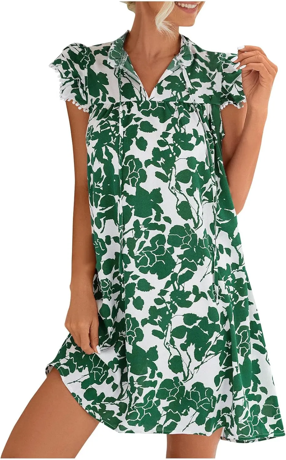 Women Trendy Layered Ruffle Cap Sleeve T-Shirt Dress Summer Boho Floral Drawstring Stand Collar Casual Mini Dresses