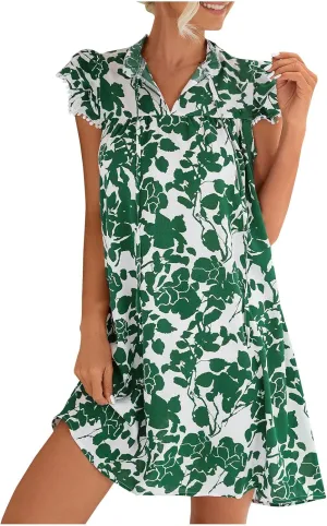 Women Trendy Layered Ruffle Cap Sleeve T-Shirt Dress Summer Boho Floral Drawstring Stand Collar Casual Mini Dresses