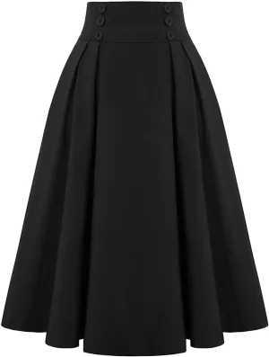 Women Vintage Skirt High Waist Pleated Skirt Midi A-Line Skirt Elegant Flowy Button Details Casual Formal Skirt