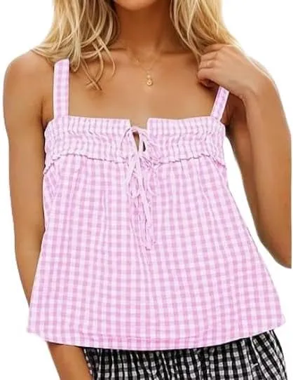 Women Y2k Plaid Cami Tank Top Sleeveless Spaghetti Strap Tie Front Camisole Summer Vintage Vest Streetwear