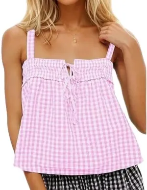 Women Y2k Plaid Cami Tank Top Sleeveless Spaghetti Strap Tie Front Camisole Summer Vintage Vest Streetwear