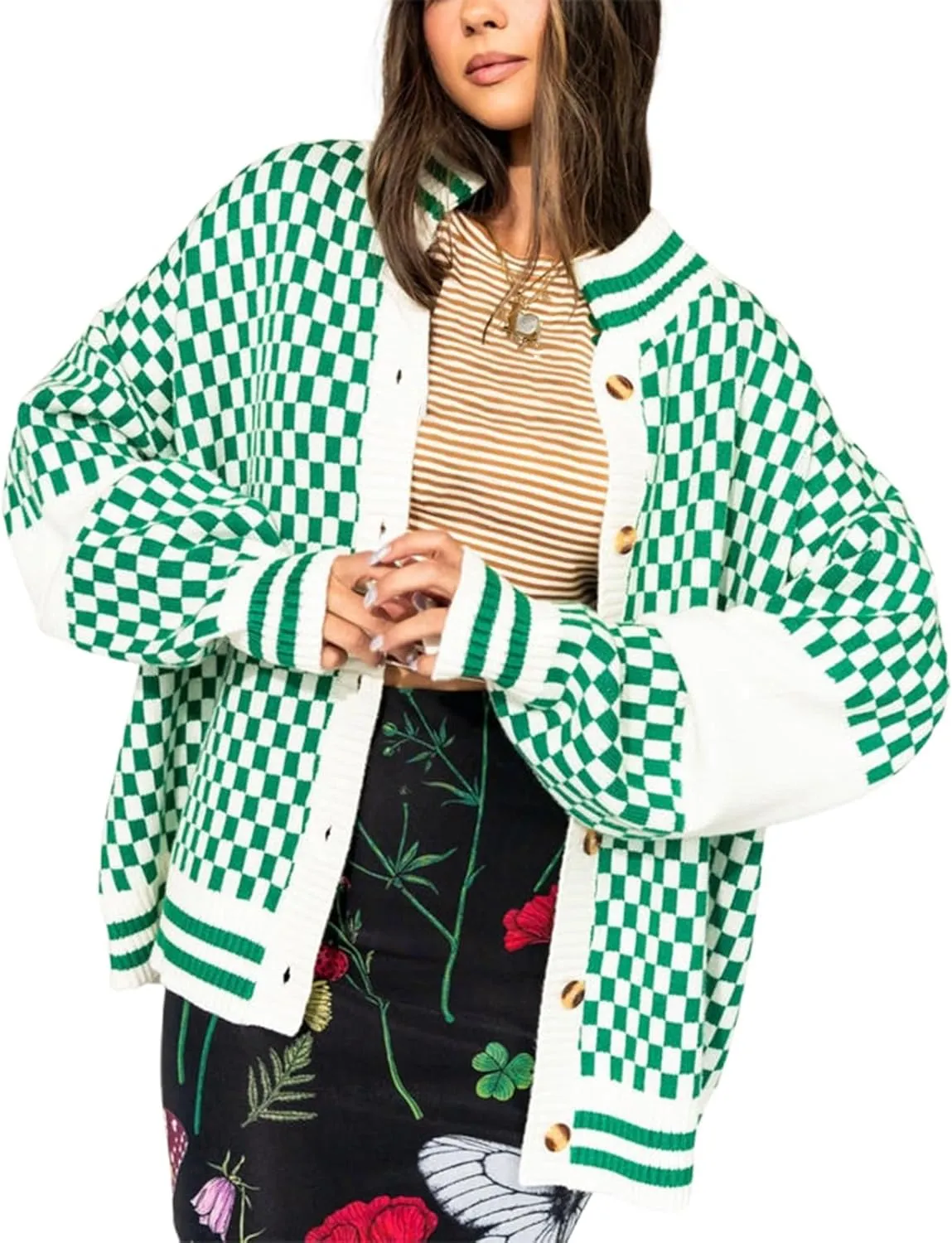 Women Y2k Plaid Cardigan Sweater Oversized Checkered Open Front Cardigan Button Down Long Sleeve Sweater Streetwear