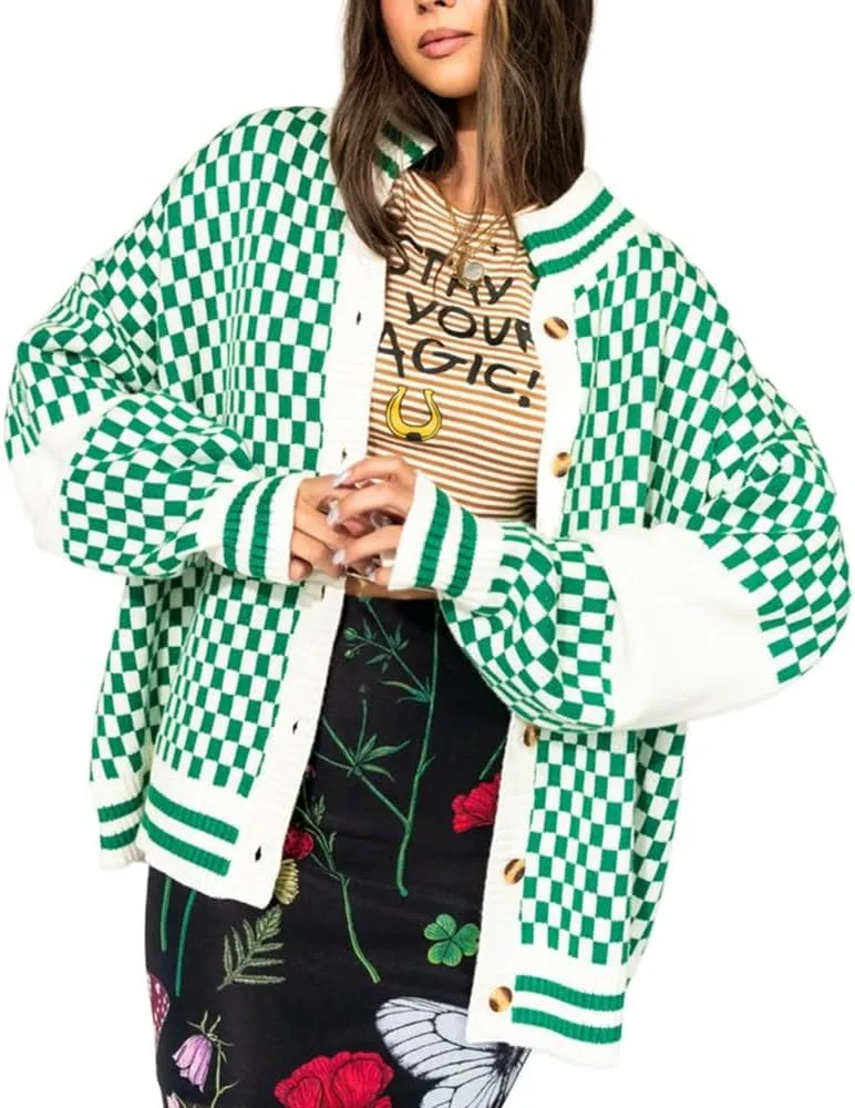 Women Y2k Plaid Cardigan Sweater Oversized Checkered Open Front Cardigan Button Down Long Sleeve Sweater Streetwear