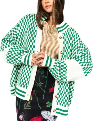 Women Y2k Plaid Cardigan Sweater Oversized Checkered Open Front Cardigan Button Down Long Sleeve Sweater Streetwear
