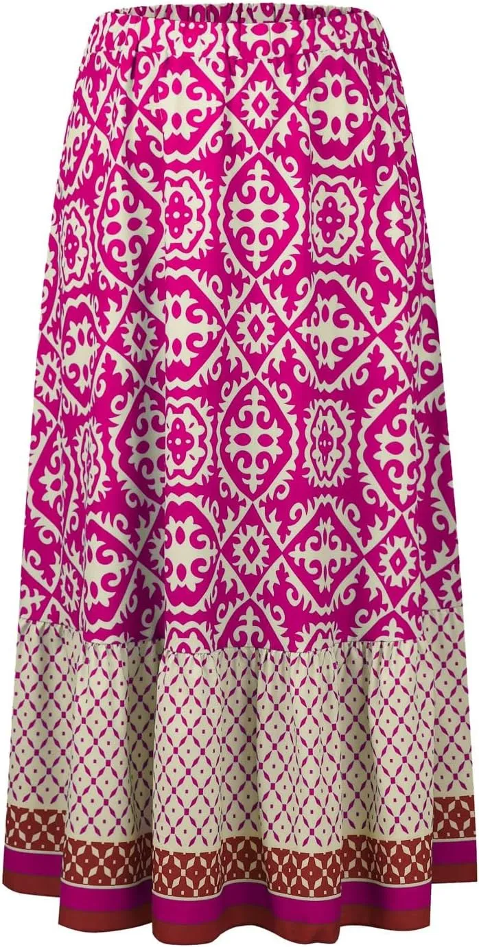 Women's 2025 Boho Long Skirts Elastic High Waist A Line Maxi Skirts Summer Casual Printed Pleated Flowy Skirt