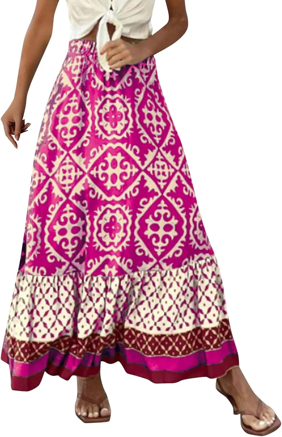 Women's 2025 Boho Long Skirts Elastic High Waist A Line Maxi Skirts Summer Casual Printed Pleated Flowy Skirt