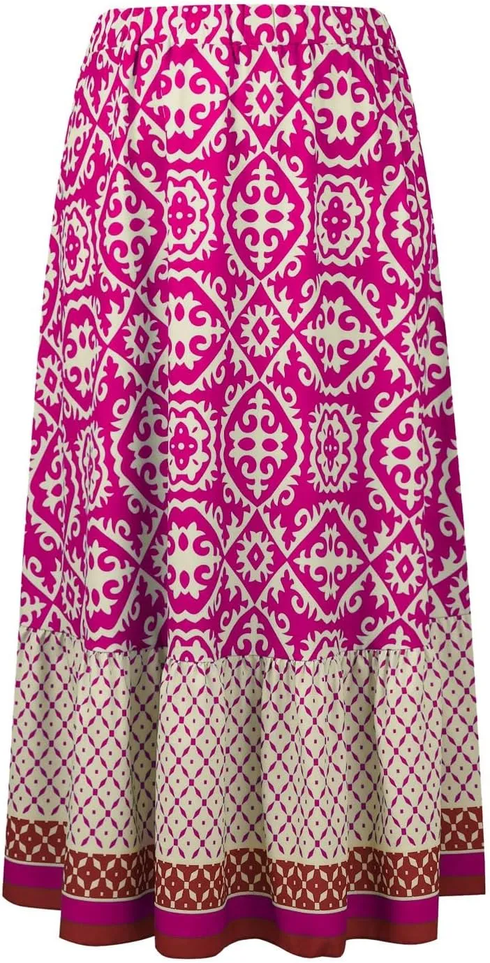 Women's 2025 Boho Long Skirts Elastic High Waist A Line Maxi Skirts Summer Casual Printed Pleated Flowy Skirt