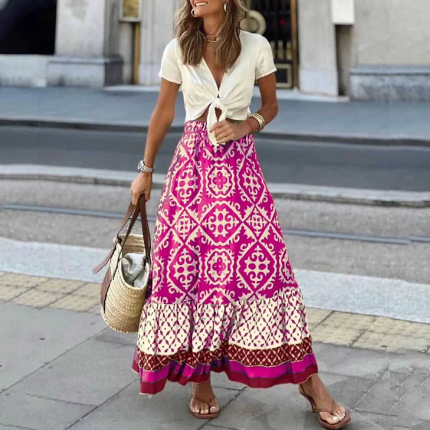 Women's 2025 Boho Long Skirts Elastic High Waist A Line Maxi Skirts Summer Casual Printed Pleated Flowy Skirt
