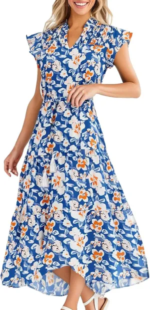 Women's 2025 Summer Floral Boho Dress V Neck Ruffle Sleeve Drawstring Flowy Tiered Midi Beach Dress with Pockets
