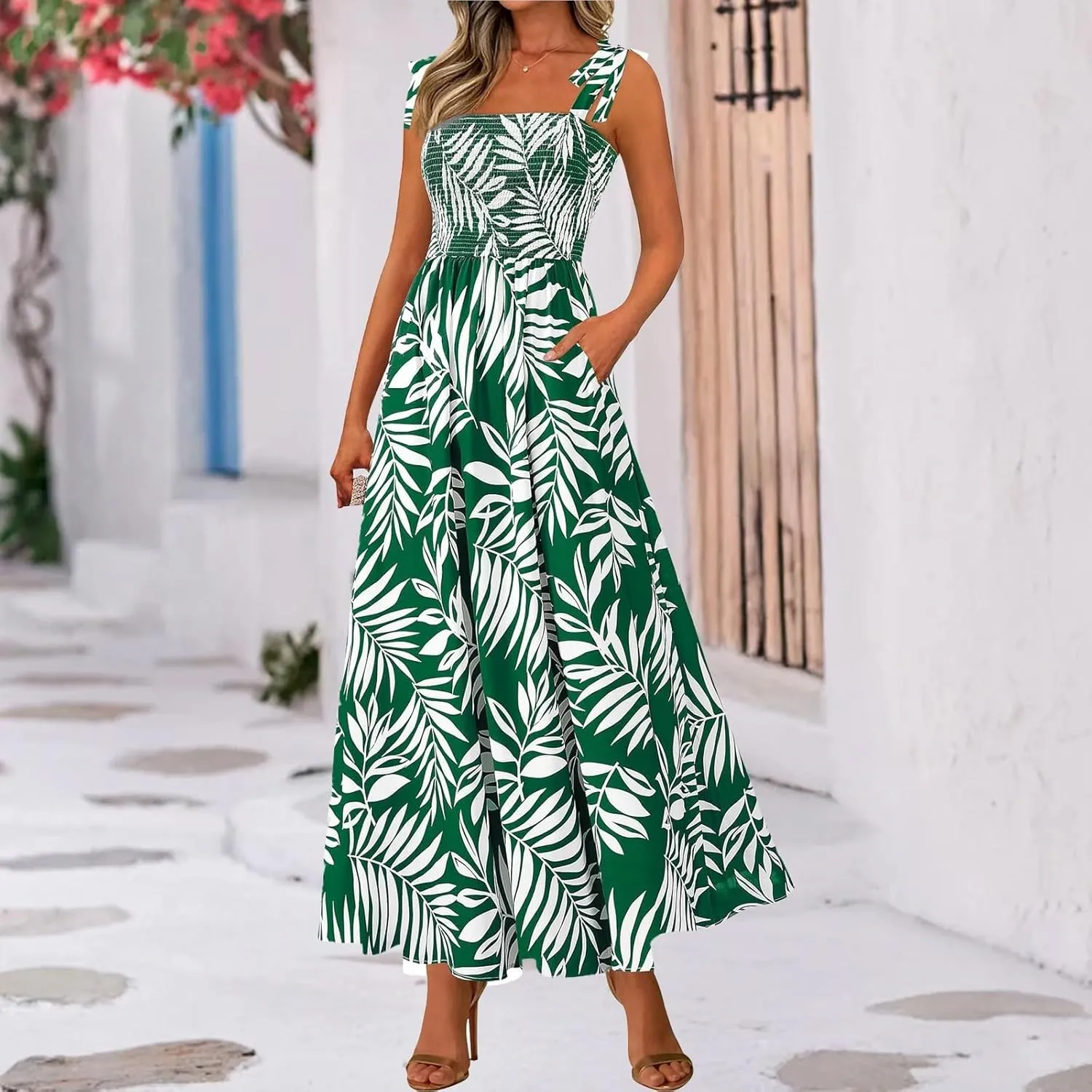 Women's 2025 Summer Floral Boho Maxi Dress Square Neck Strapped Tiered Casual Flowy Long Beach Vacation Dresses