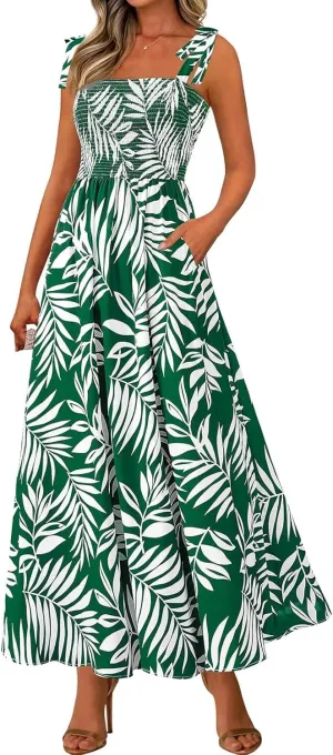 Women's 2025 Summer Floral Boho Maxi Dress Square Neck Strapped Tiered Casual Flowy Long Beach Vacation Dresses