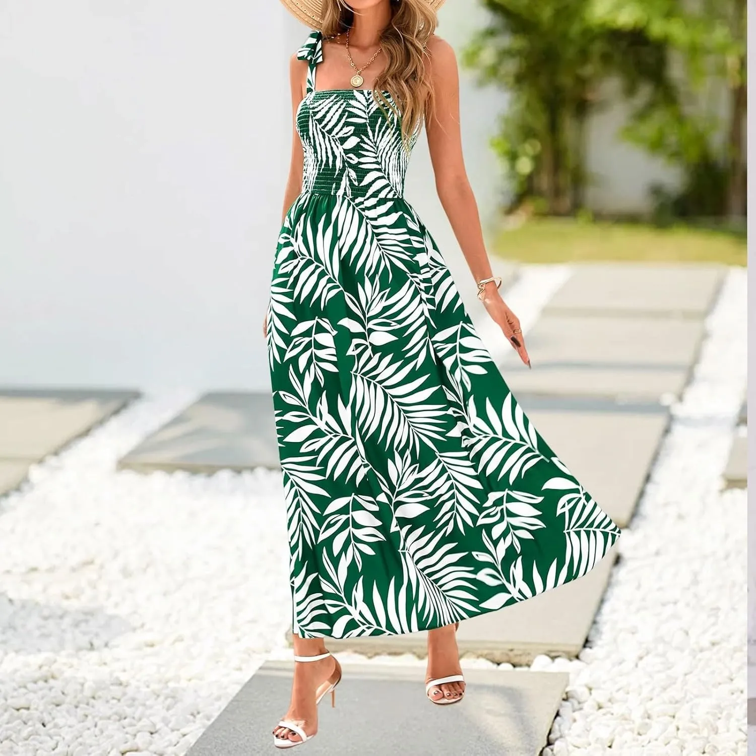Women's 2025 Summer Floral Boho Maxi Dress Square Neck Strapped Tiered Casual Flowy Long Beach Vacation Dresses