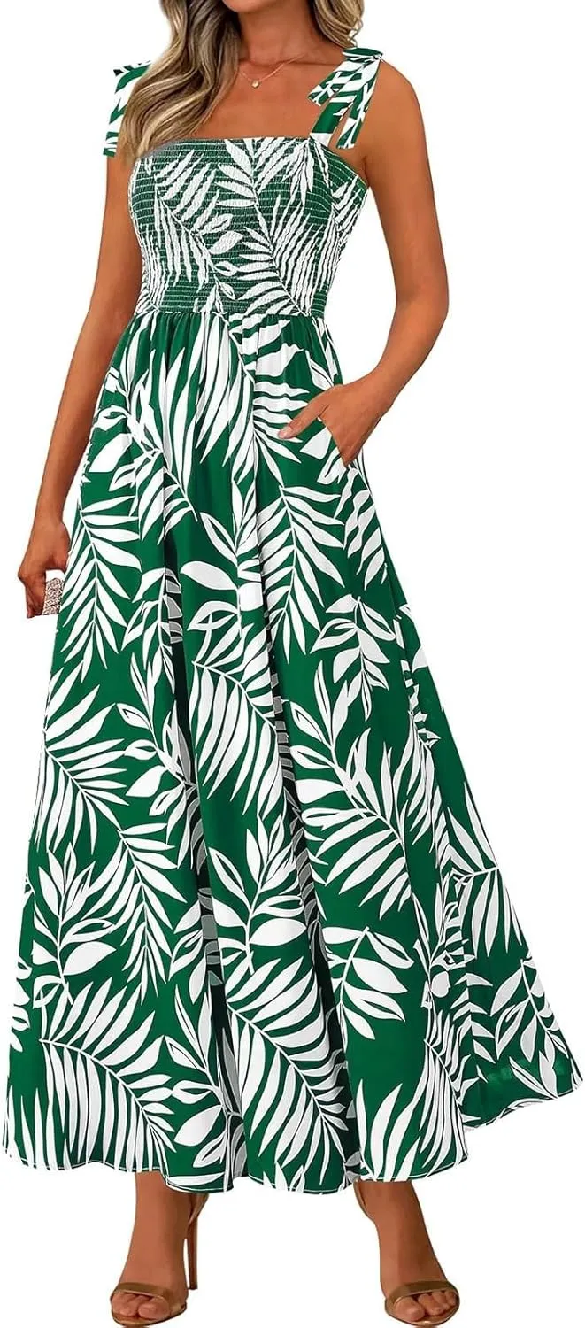 Women's 2025 Summer Floral Boho Maxi Dress Square Neck Strapped Tiered Casual Flowy Long Beach Vacation Dresses