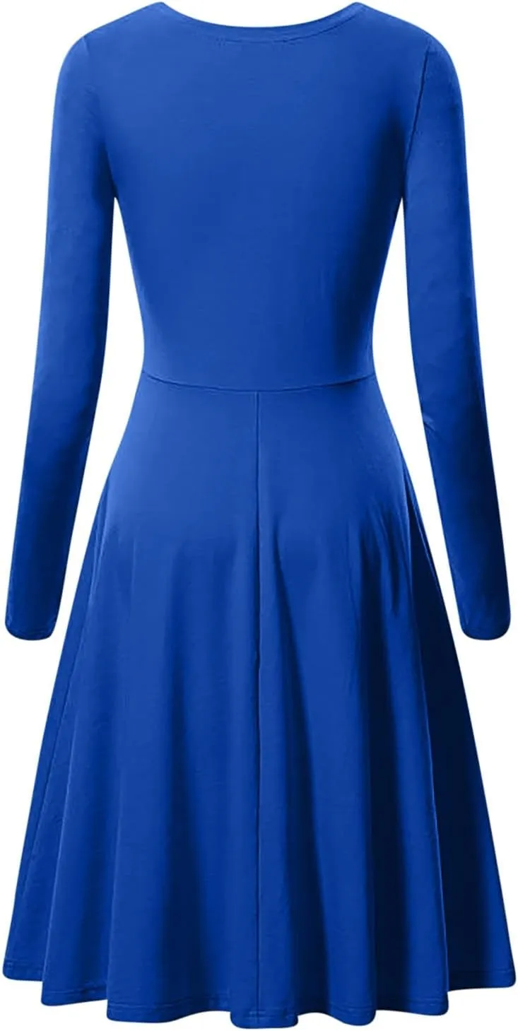 Womens 2025 Trendy Dresses Crew Neck Long Sleeve A Line Loose Casual Midi Dress Solid Coloer Swing Plus Size Dress