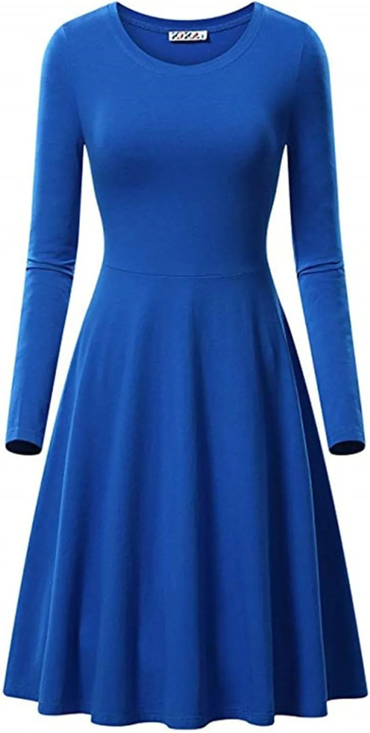 Womens 2025 Trendy Dresses Crew Neck Long Sleeve A Line Loose Casual Midi Dress Solid Coloer Swing Plus Size Dress