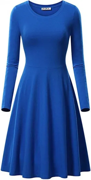 Womens 2025 Trendy Dresses Crew Neck Long Sleeve A Line Loose Casual Midi Dress Solid Coloer Swing Plus Size Dress