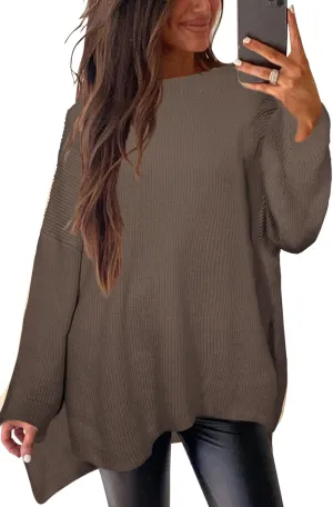 Women's Batwing Long Sleeve Oversized Sweaters Fall Loose Fit Knitted Side Slit Pullover Tops