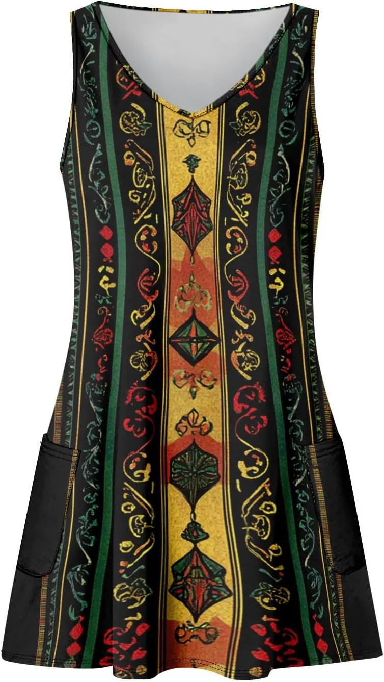 Womens Boho Printed Print Retro V Neck Sundresses Summer Beach Floral Vacation Sleeveless Tunic Dresses