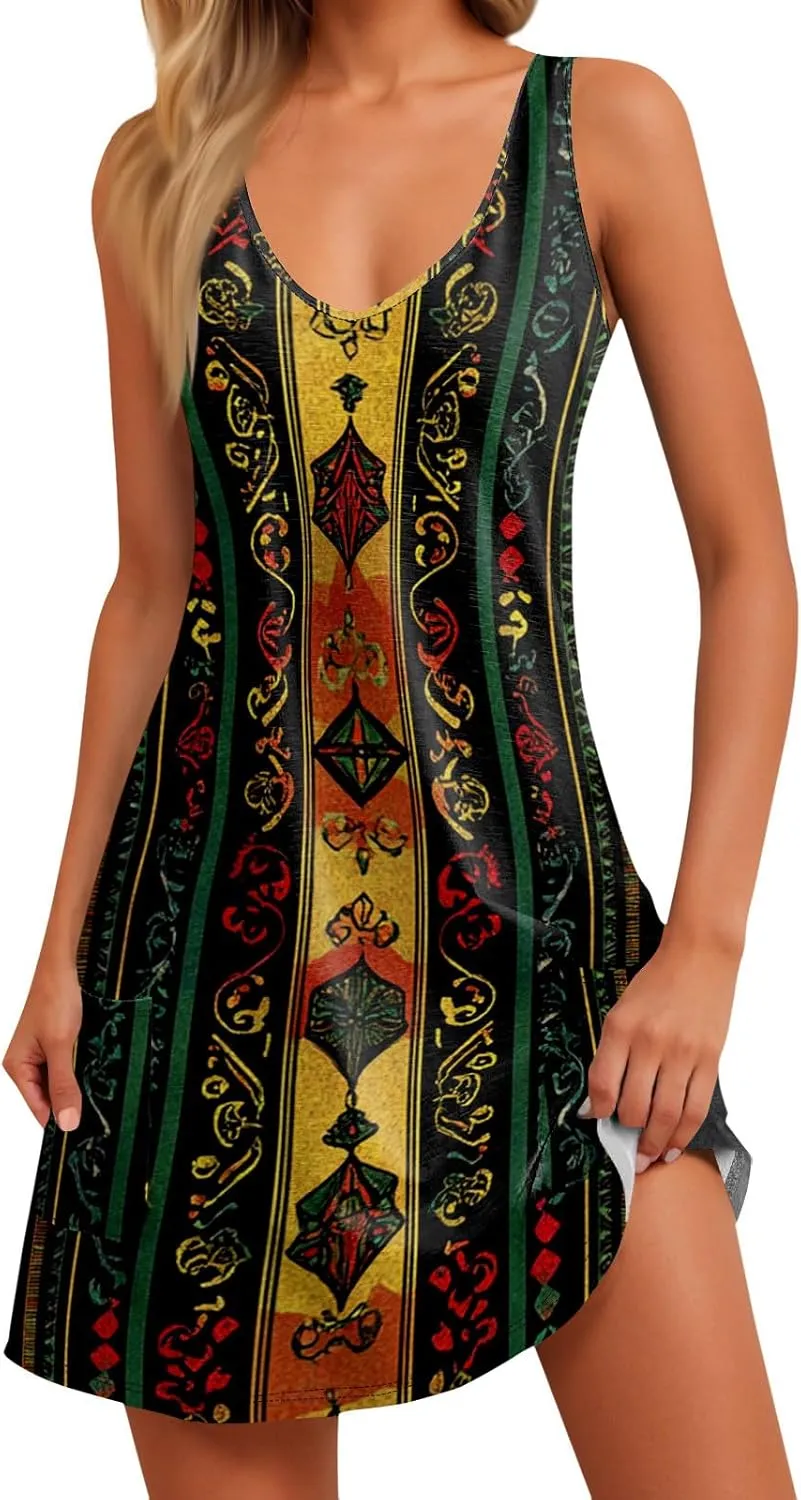 Womens Boho Printed Print Retro V Neck Sundresses Summer Beach Floral Vacation Sleeveless Tunic Dresses