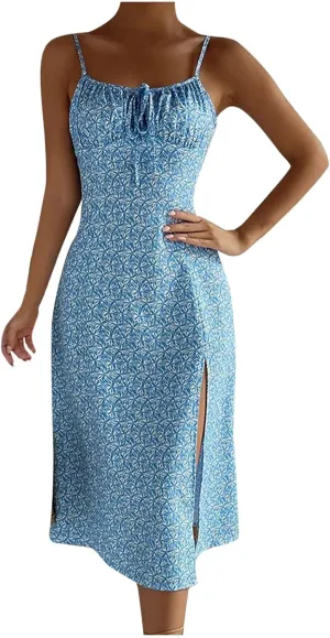 Women's Boho Sleeveless Cami Dress Cute Tie Front Flared Dresses Casual Fitted Split Hem Beach Vacation Sundress