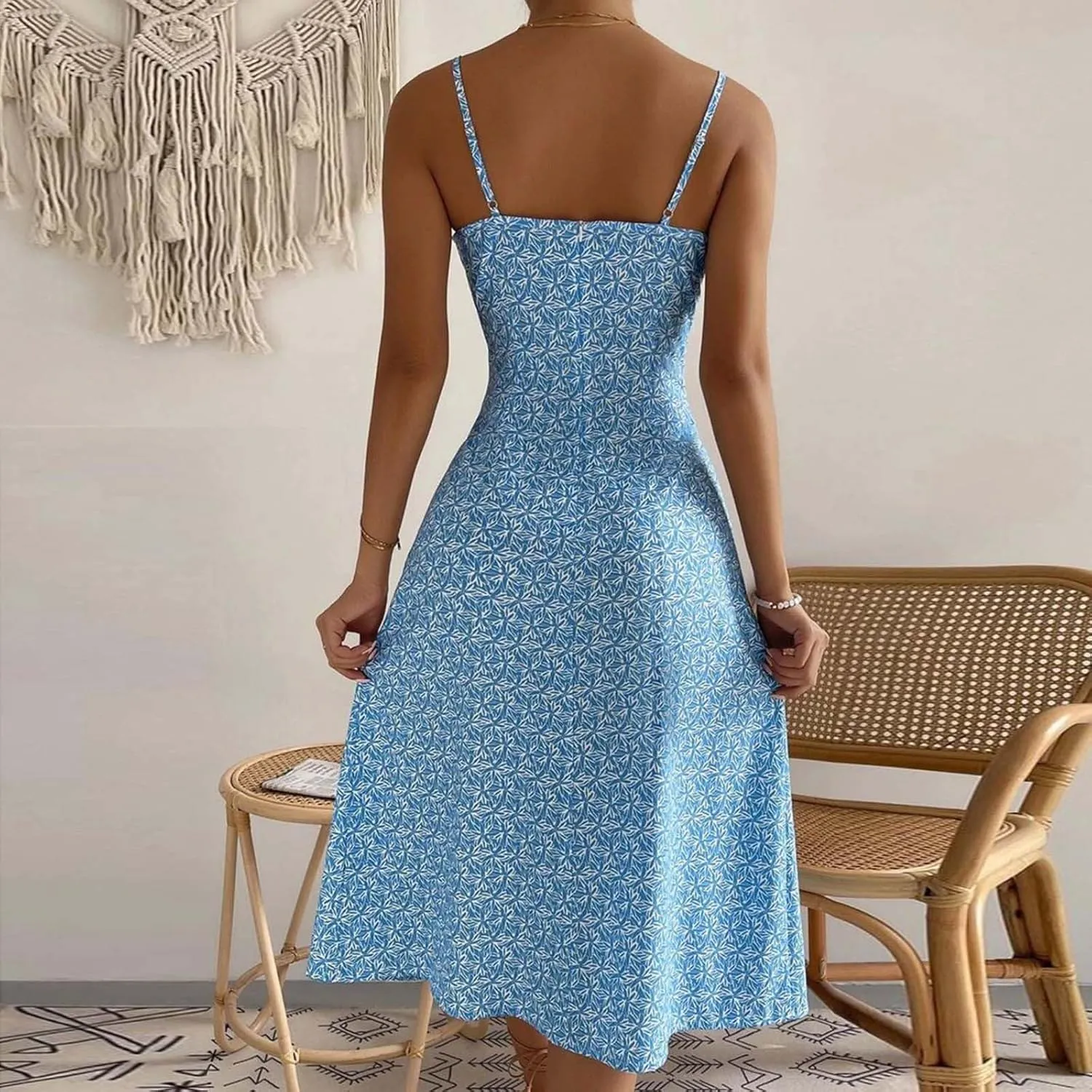Women's Boho Sleeveless Cami Dress Cute Tie Front Flared Dresses Casual Fitted Split Hem Beach Vacation Sundress