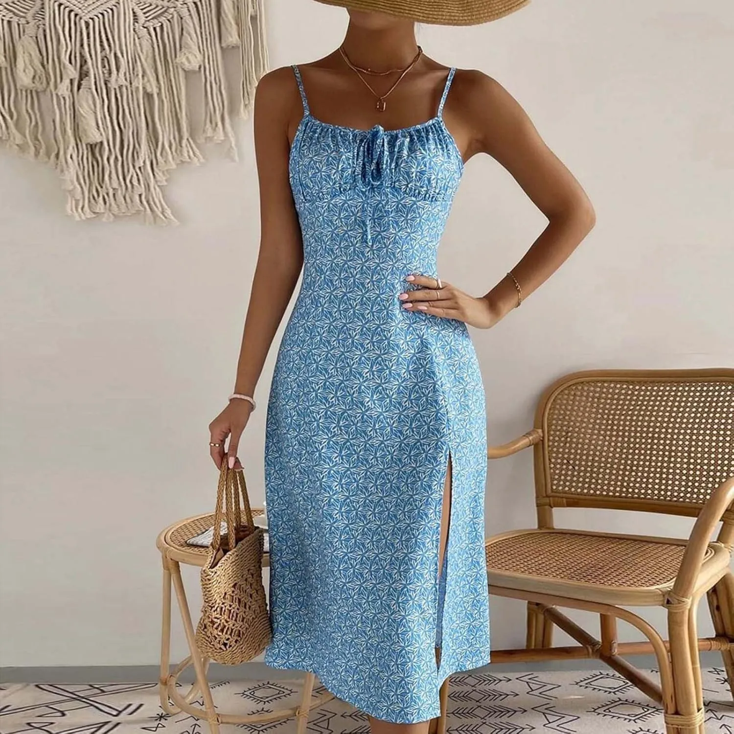 Women's Boho Sleeveless Cami Dress Cute Tie Front Flared Dresses Casual Fitted Split Hem Beach Vacation Sundress