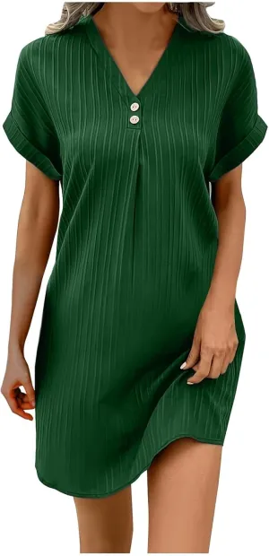 Womens Button Down Shirt Dresses Summer Cotton Linen Dress V-Neck Mini Dress Casual Short Sleeve Loose Tunic Dresses