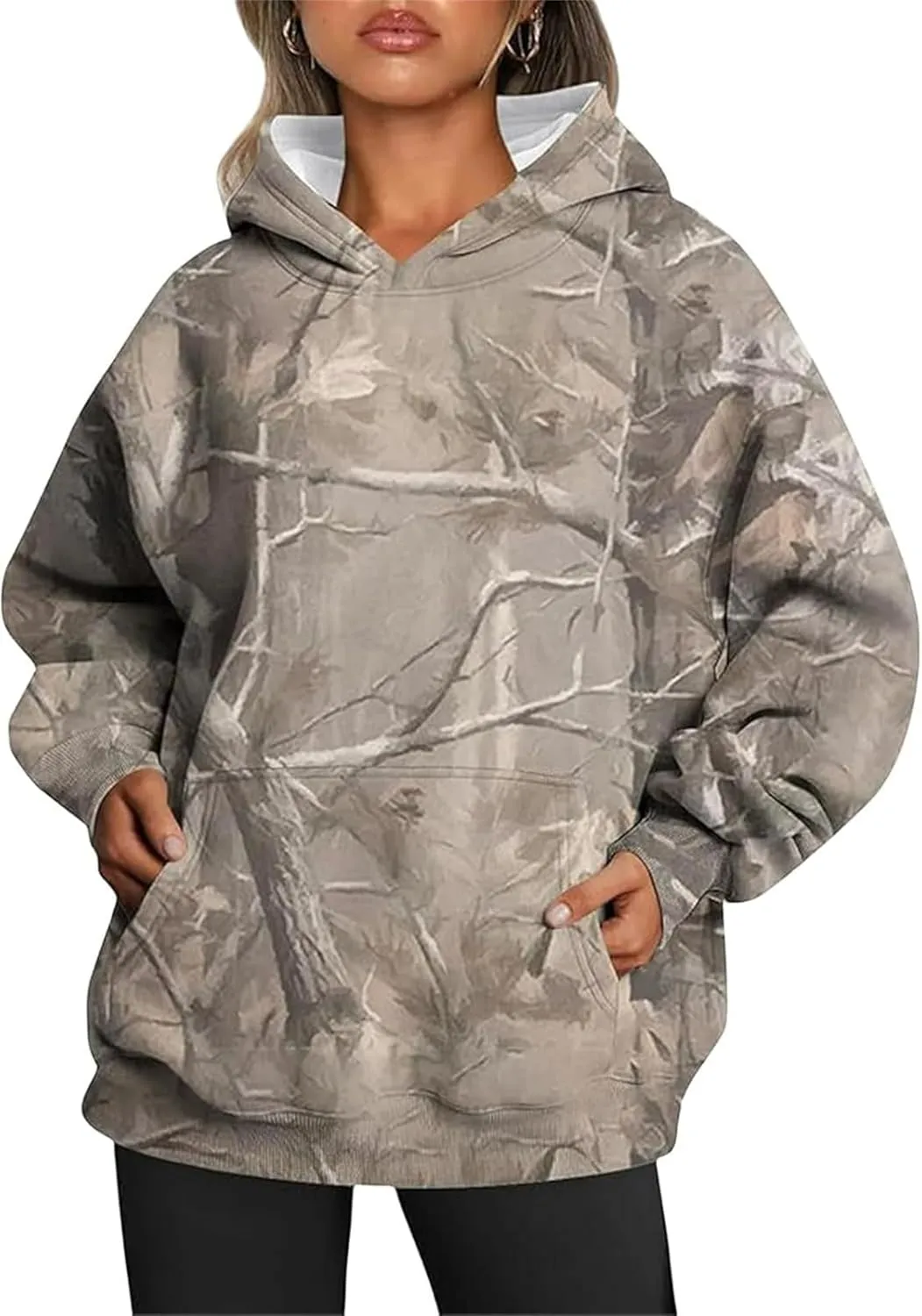 Womens Camo Hoodies Maple Leaf Print Oversized Hooded Camo Sweatshirt,Maple Leaf Print Pullover Tops with Pocket