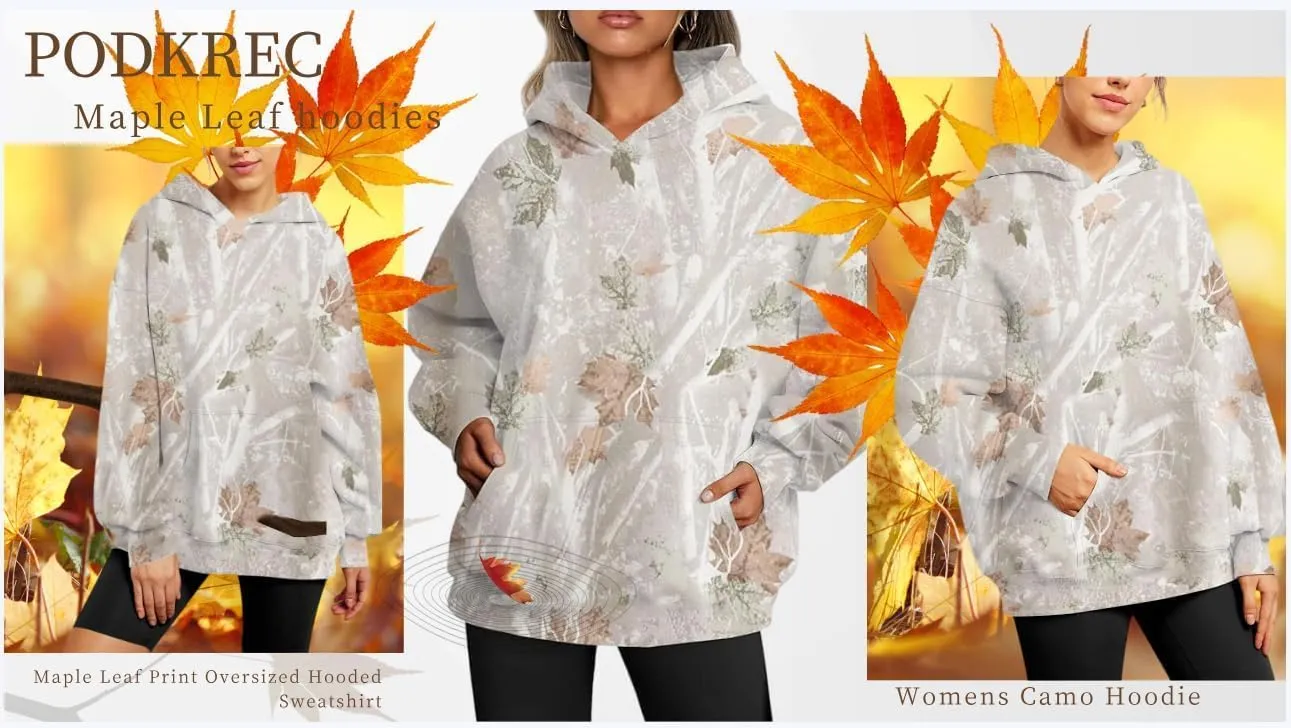 Womens Camo Hoodies Maple Leaf Print Oversized Hooded Sweatshirt Fleece Pullover Sweatshirts Long Sleeve with Pocket