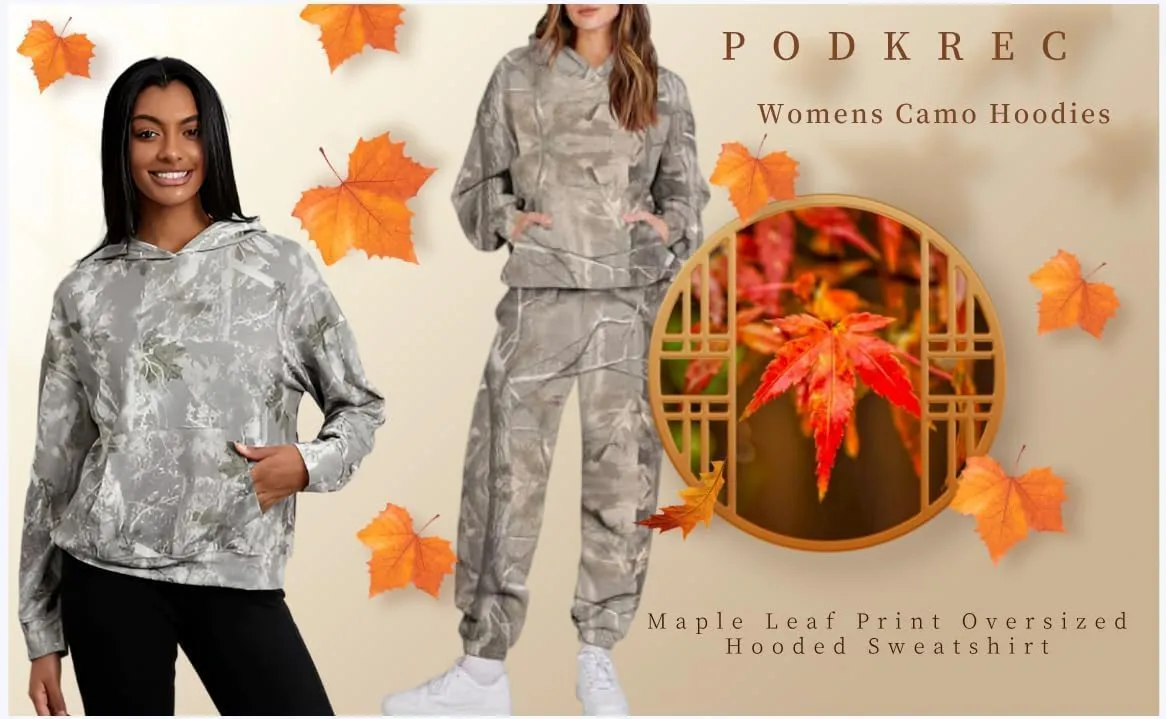 Womens Camo Hoodies Maple Leaf Print Oversized Hooded Sweatshirt Fleece Pullover Sweatshirts Long Sleeve with Pocket