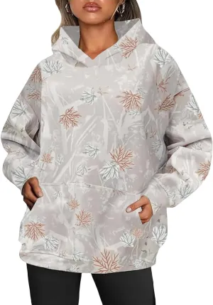 Womens Camo Hoodies Maple Leaf Print Oversized Hooded Sweatshirt Fleece Pullover Sweatshirts Long Sleeve with Pocket