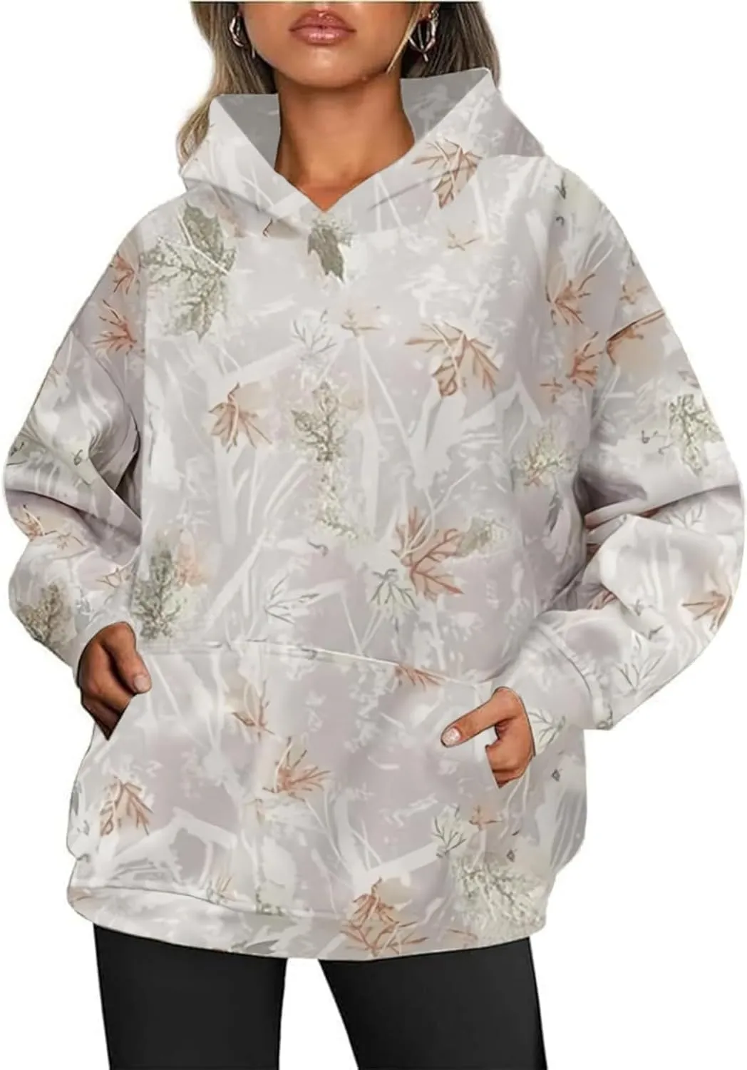 Womens Camo Hoodies Maple Leaf Print Oversized Hooded Sweatshirt Fleece Pullover Sweatshirts Long Sleeve with Pocket