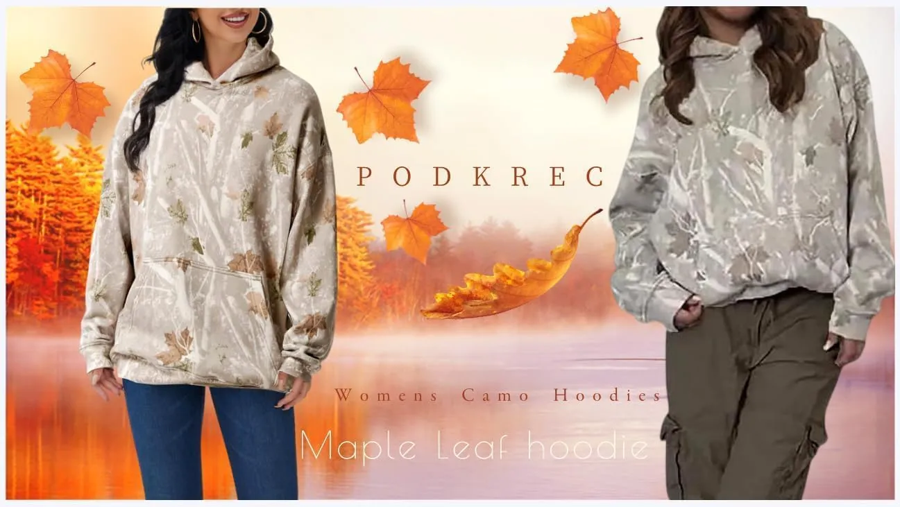 Womens Camo Hoodies Maple Leaf Print Oversized Hooded Sweatshirt Fleece Pullover Sweatshirts Long Sleeve with Pocket