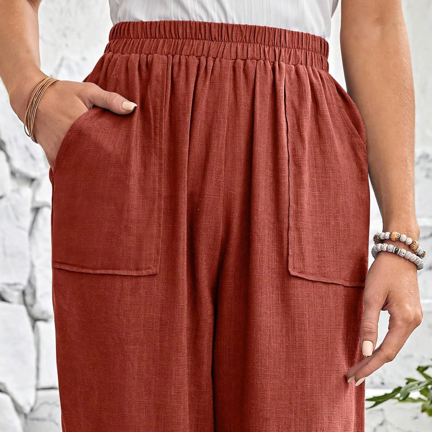 Womens Capri Pants Cotton Linen Loose Elastic High Waisted Lounge Pants Casual Palazzo Trousers with Pockets 2025