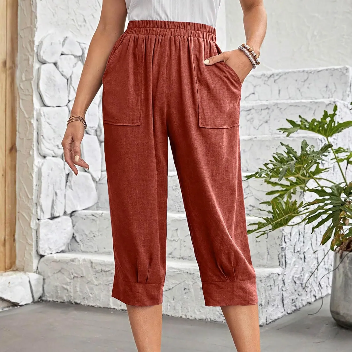 Womens Capri Pants Cotton Linen Loose Elastic High Waisted Lounge Pants Casual Palazzo Trousers with Pockets 2025