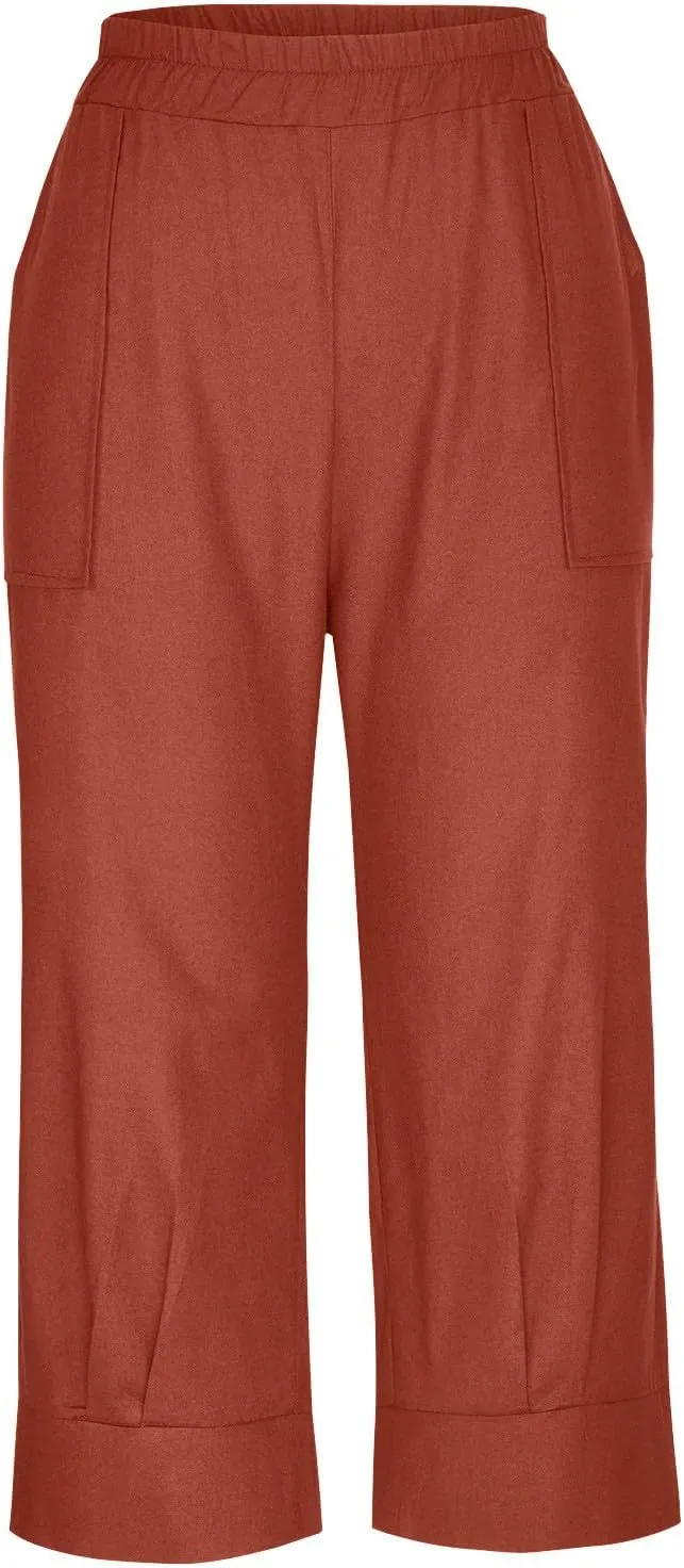 Womens Capri Pants Cotton Linen Loose Elastic High Waisted Lounge Pants Casual Palazzo Trousers with Pockets 2025