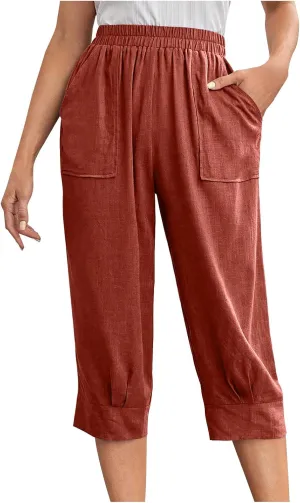 Womens Capri Pants Cotton Linen Loose Elastic High Waisted Lounge Pants Casual Palazzo Trousers with Pockets 2025