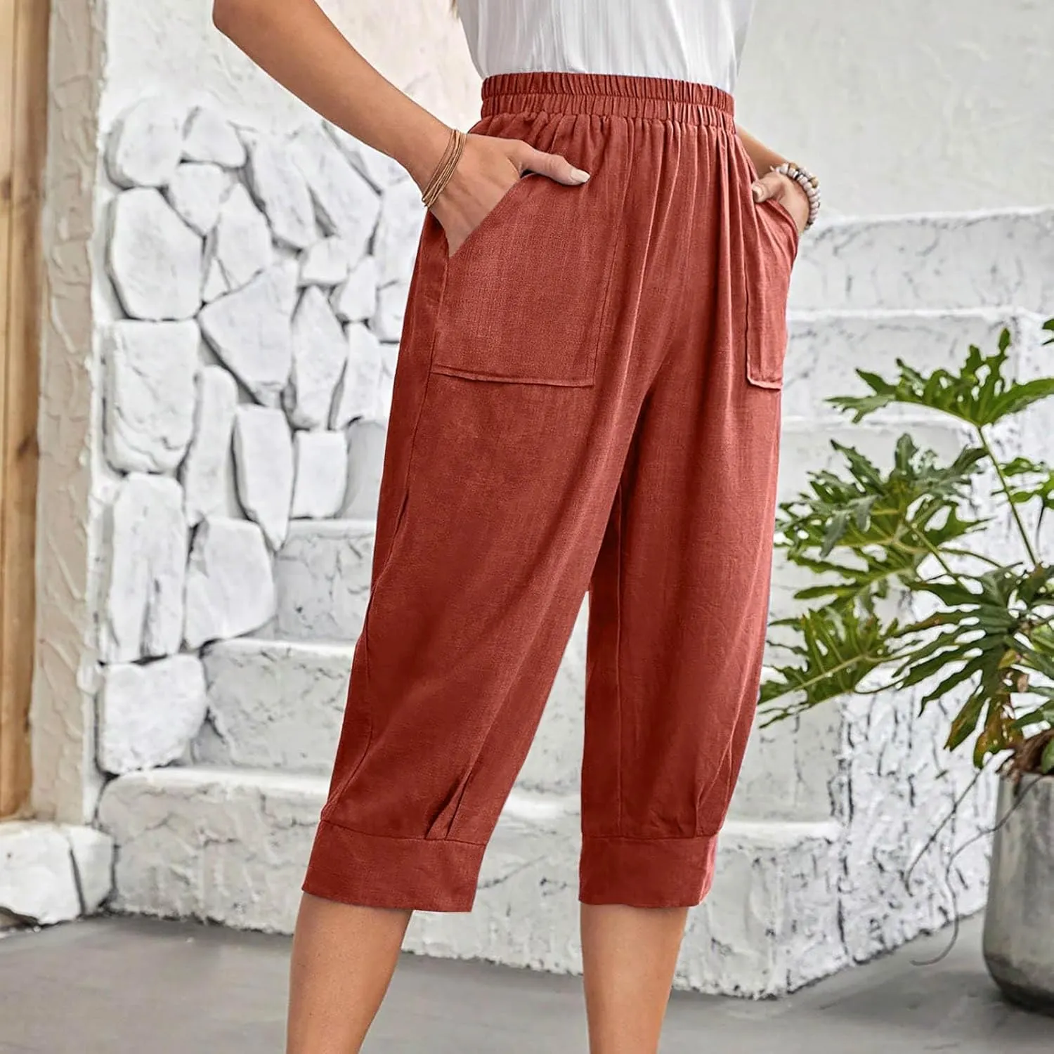 Womens Capri Pants Cotton Linen Loose Elastic High Waisted Lounge Pants Casual Palazzo Trousers with Pockets 2025