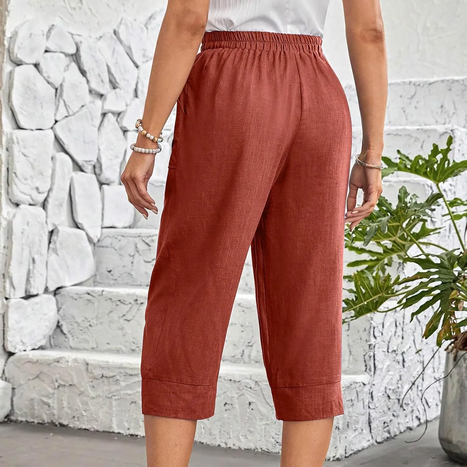 Womens Capri Pants Cotton Linen Loose Elastic High Waisted Lounge Pants Casual Palazzo Trousers with Pockets 2025