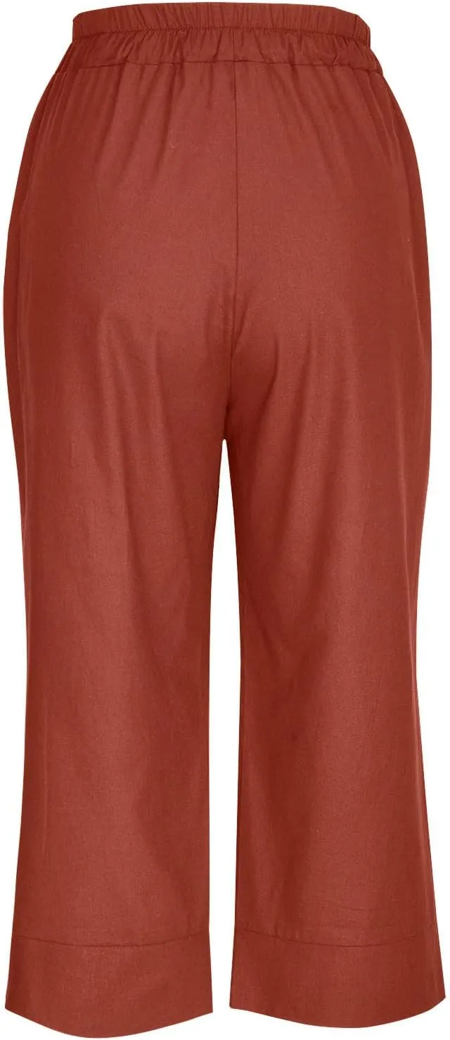 Womens Capri Pants Cotton Linen Loose Elastic High Waisted Lounge Pants Casual Palazzo Trousers with Pockets 2025