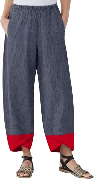 Womens Capri Pants for Summer Petite Length Linen Capris Cropped Pants Plus Size Drawstring Elastic High Waist Joggers
