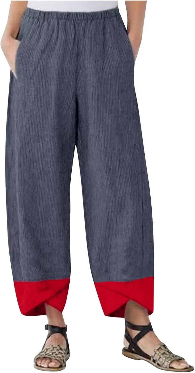 Womens Capri Pants for Summer Petite Length Linen Capris Cropped Pants Plus Size Drawstring Elastic High Waist Joggers