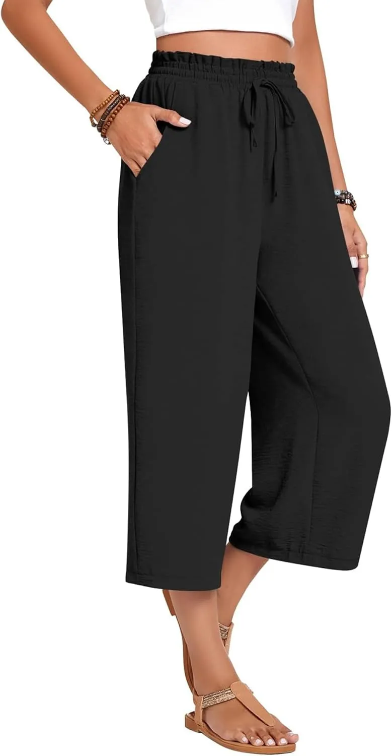Womens Capri Pants Wide Leg High Waisted Lounge Pants Drawstring Casual Loose Palazzo Pants Trousers with Pockets
