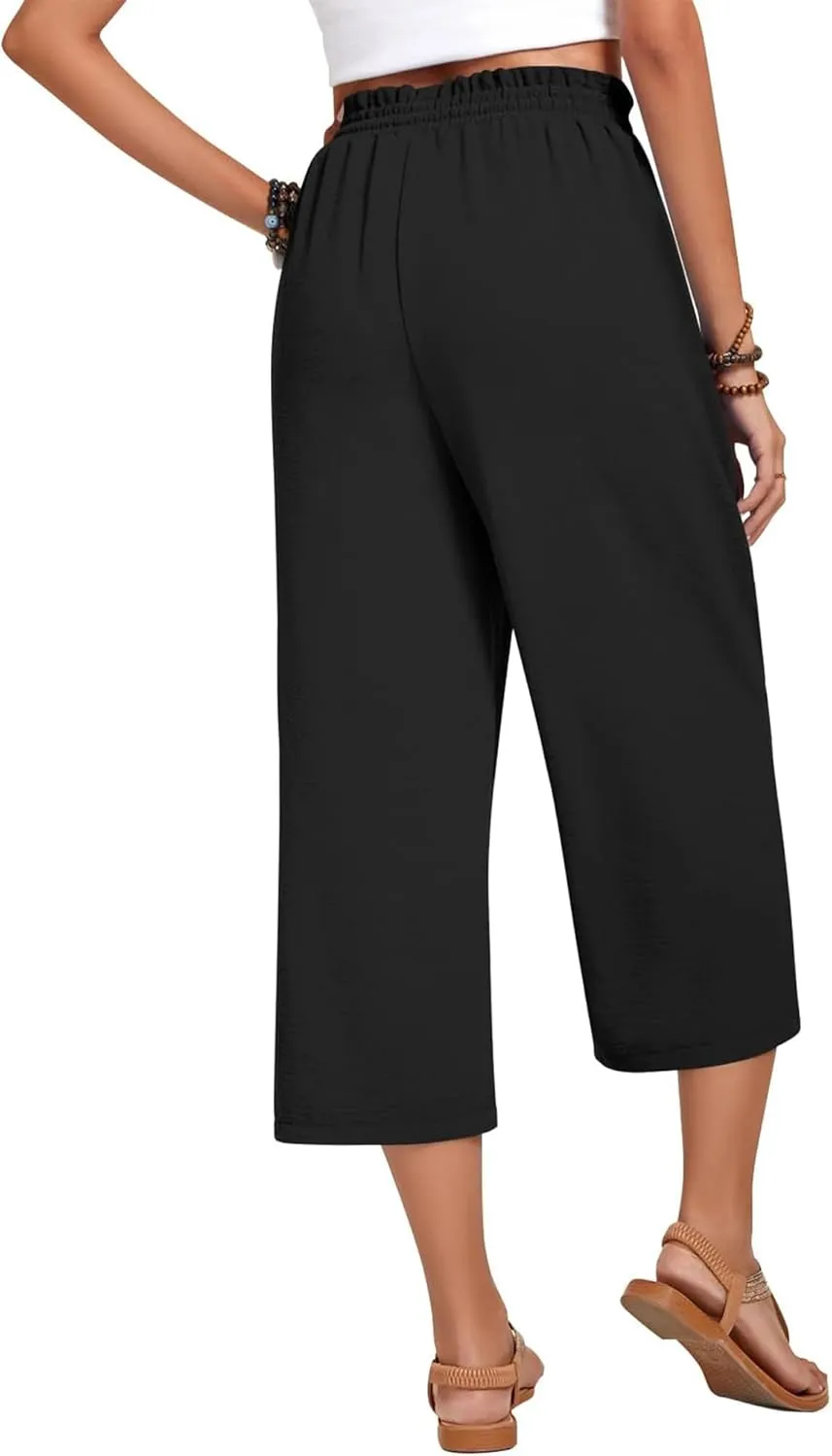 Womens Capri Pants Wide Leg High Waisted Lounge Pants Drawstring Casual Loose Palazzo Pants Trousers with Pockets