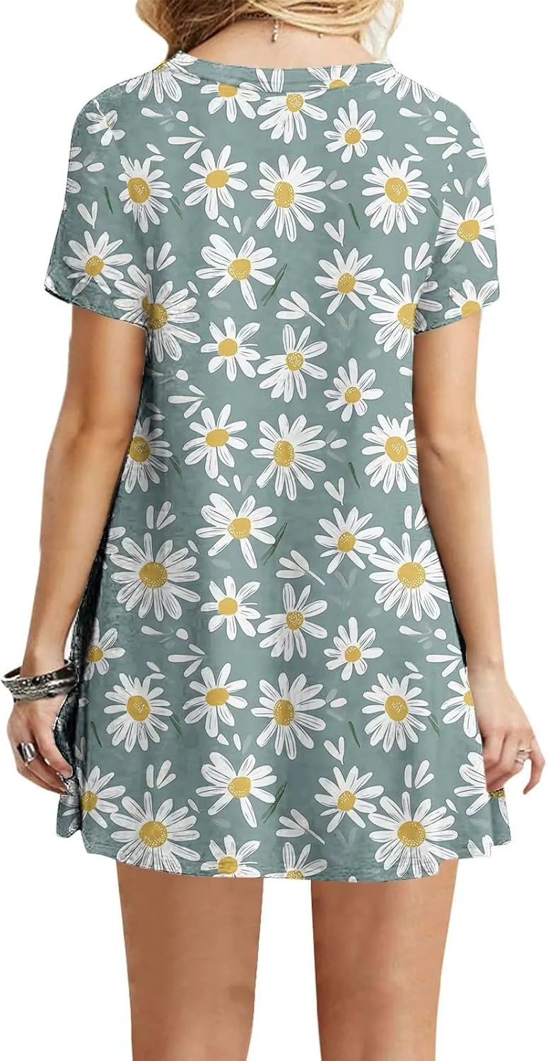 Women's Casual A-Line Dress Fashion Summer Beach Floral Short Sleeve Mini Dresses Pleated Flowy Tshirt Sundress
