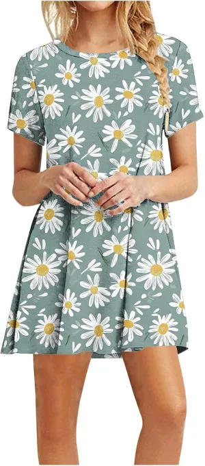 Women's Casual A-Line Dress Fashion Summer Beach Floral Short Sleeve Mini Dresses Pleated Flowy Tshirt Sundress