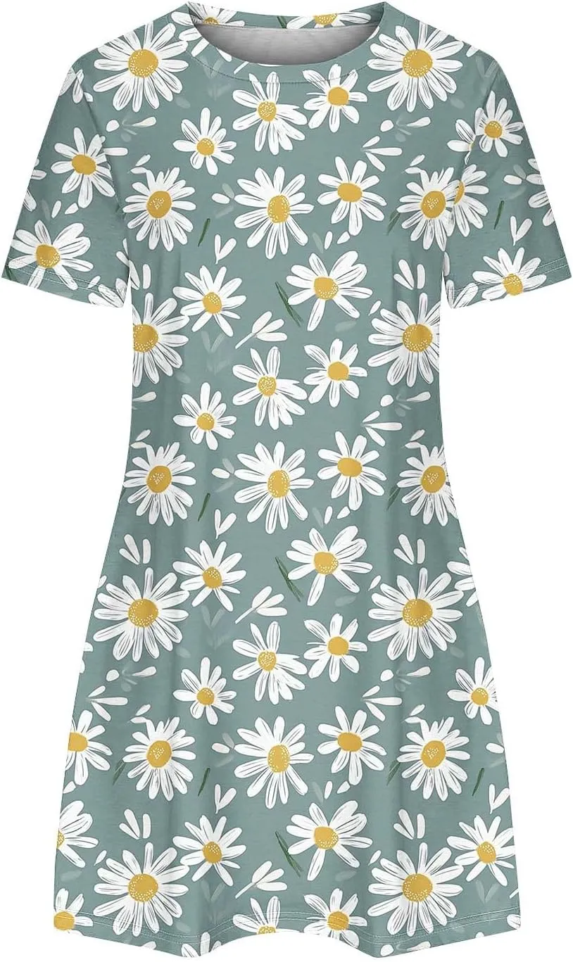 Women's Casual A-Line Dress Fashion Summer Beach Floral Short Sleeve Mini Dresses Pleated Flowy Tshirt Sundress